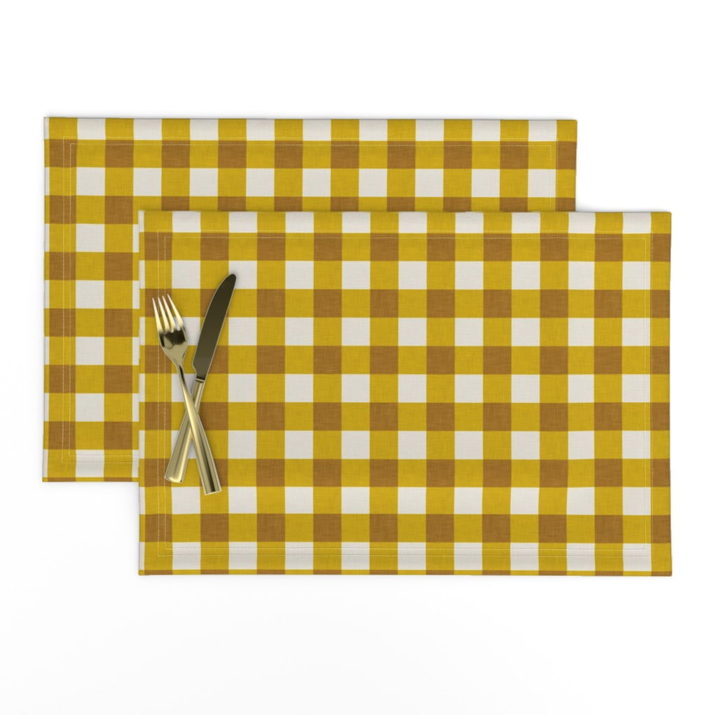 Linen Cotton Canvas Placemats (Set of 2) Gingham Mustard Plaid Rustic