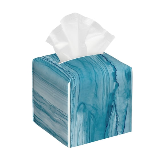 Rateoe Teal Turquoise Fluid Stripes Pattern Tissue Box Cover, Modern Square Decorative Leather Facial Paper Case Organizer Holder Dispenser 5X5X5''