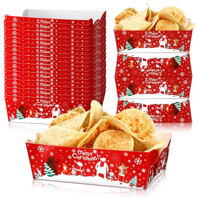 Paquete de 60 suministros para fiestas navideñas, platos navideños, bandejas de papel para servir alimentos, bandejas de papel, barquitos de papel para alimentos, bandejas de papel para alimentos en c