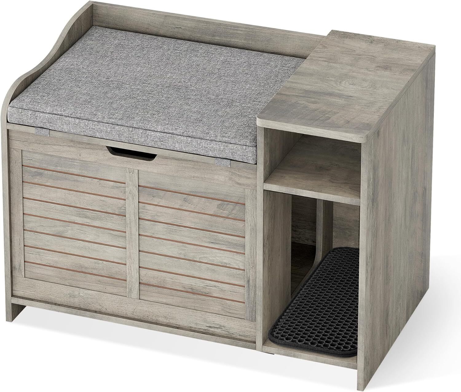 FOLDLIFE Cat Litter Box Enclosure with Top Opening and Cushion, Hidden Cat Litter Box Furniture, Cat Litter Box Cabinet, Cat House, Privacy Wooden Pet Cat Toilet for Kitten,Grey