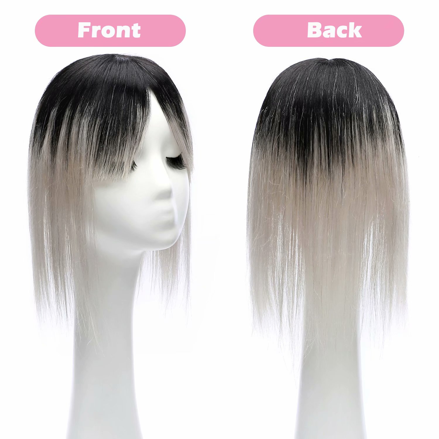 Benehair Silk Base Clip In 100% Real Remy Human Hair Extensions Hairpiece Topper Wig with bang Toupee Women Hair Loss 3 Clips Soft 1B Ombre Grey
