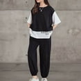 thumbnail image 4 of REORIAFEE Big Girls Summer Outfits Half Sleeve Top and Sporty Pants Patchwork Suits Outfit Solid Color Set Round Neck Cute Summer Spring Clothing 2024 Fashion Trendy Size 140 Black, 4 of 9