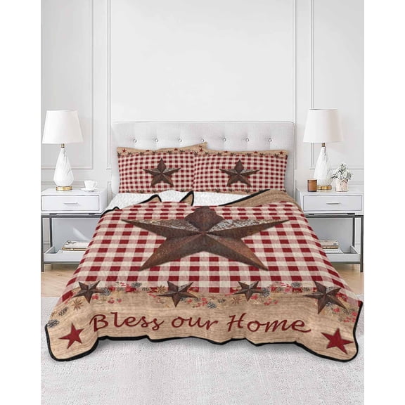 Quilts Twin XL Size, Country Star Farm Soft Comforter Bedding Set for Bed, Farmhouse Plaid Texas Vintage Fruit Lightweight Quilted Bedspread with Pillow Cover(2 Pieces) for All Season, 68x98 Inch