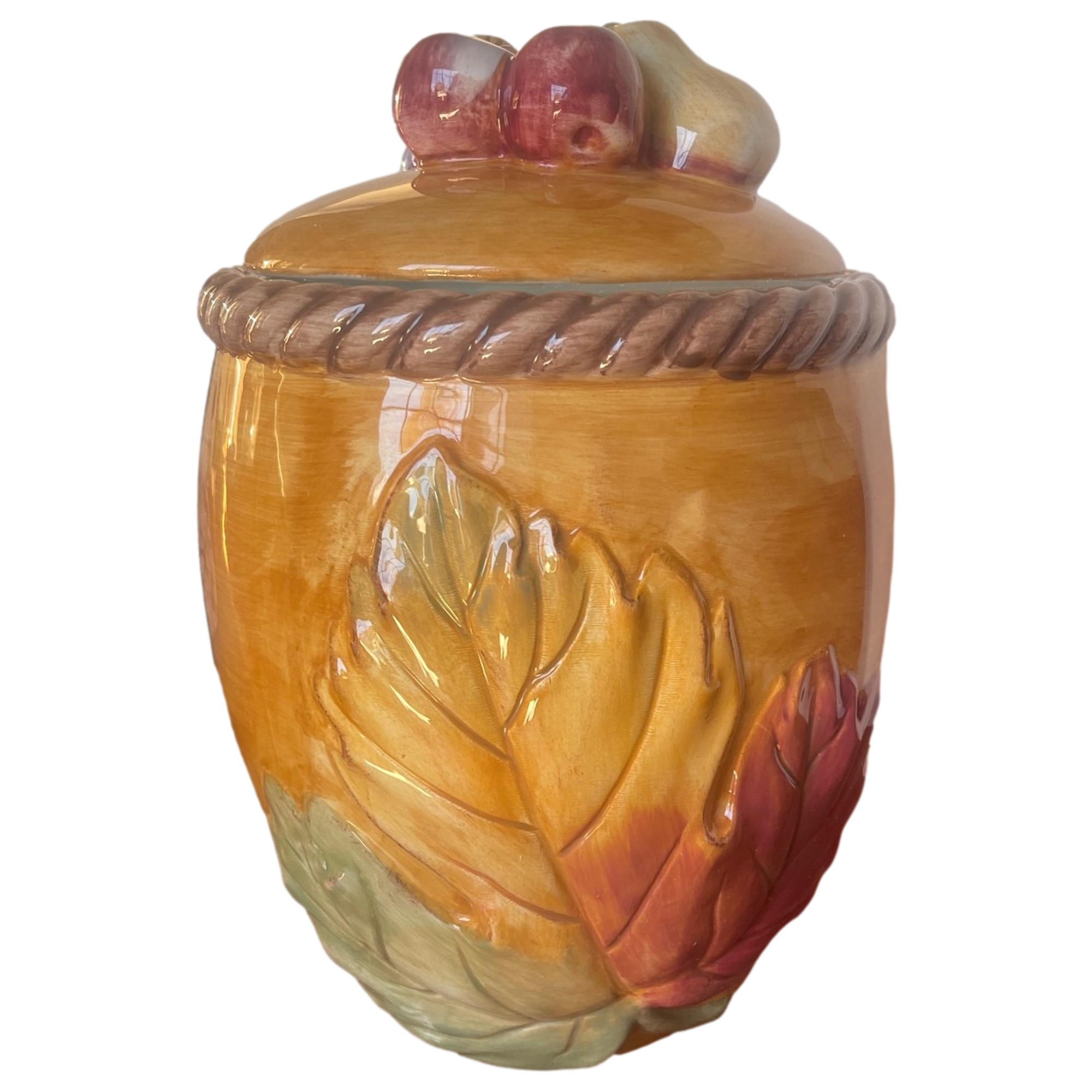 Gibson Harvest Pantry Leaf Ceramic 11" Cookie Jar, Autumn Leaves & Fruit