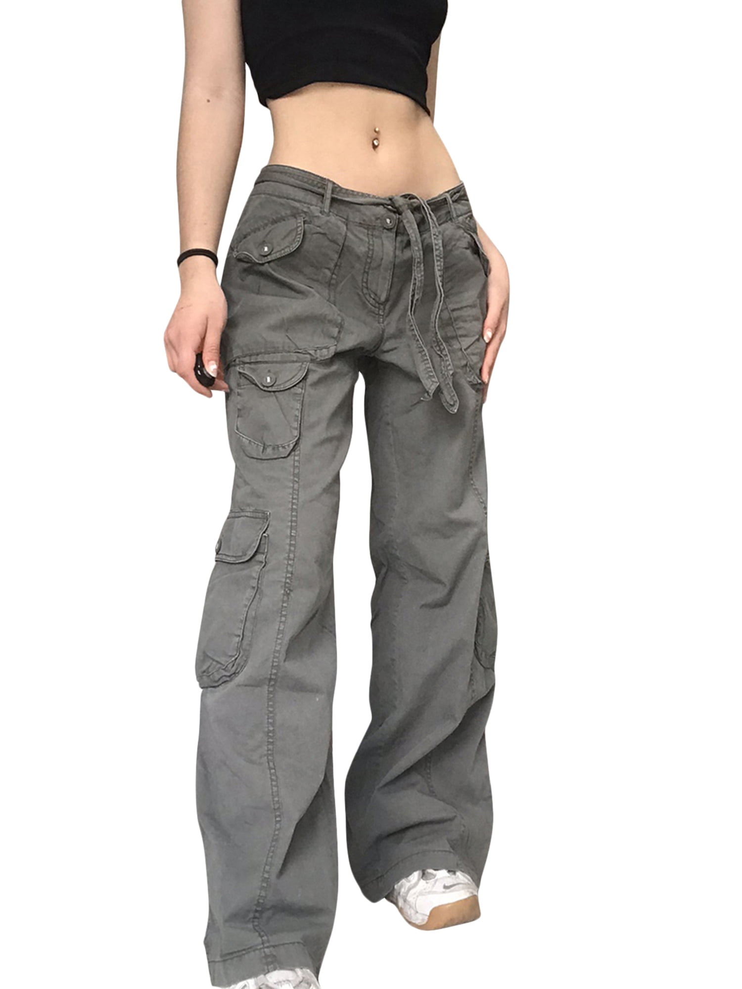 Girls Casual Cargo Pants Pure Color Drawstring 4 Pockets Front Fall Trousers