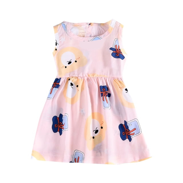 Big Kid Fille Robe Filles Longues Robes d'Été Mince Col Rond Sans Manches Mignon Mode Imprimer Filles Princesse Robe Filles Vêtements(Rose, 120)