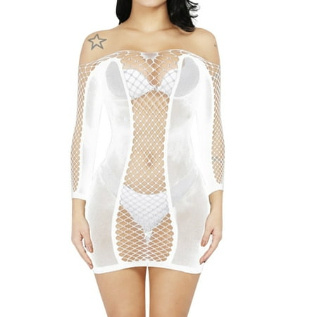 

Pimfylm Womens Lingerie Women Fishnet Lingerie Sleepwear One Piece V-Neck Mini Dress One Size White One Size