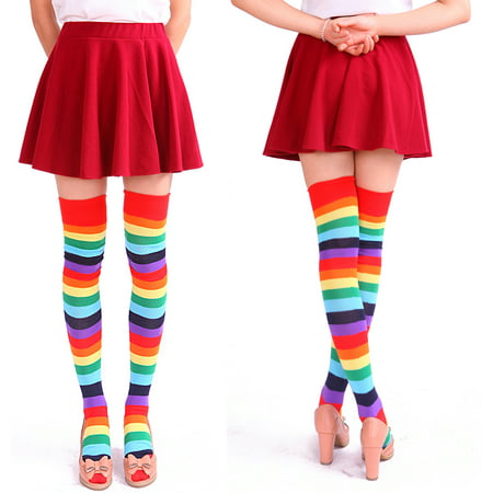 Women's Extra Long Striped Socks Over Knee High Opaque Stockings (Rainbow)