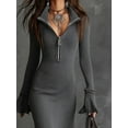 thumbnail image 4 of Women's Sweater Dresses Half Zipper Flare Sleeve Knit Dress Elegant Mermaid Dress Trendy Maxi Dress Dark Gray XL, 4 of 5