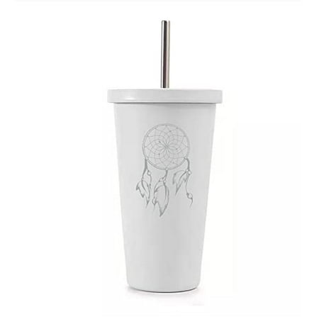 

16 oz Stainless Steel Double Wall Insulated Tumbler Pool Beach Cup Travel Mug With Straw Dreamcatcher With Feathers (White)