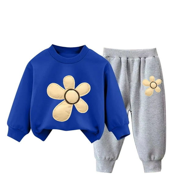 Zwiiyzr 2025 3-10Y Toddler Baby Boy Girl Clothes Warm Fleece Lined Flower Print Long Sleeve Sweatshirt Tops and Pants Winter Fall Clothing Set Blue