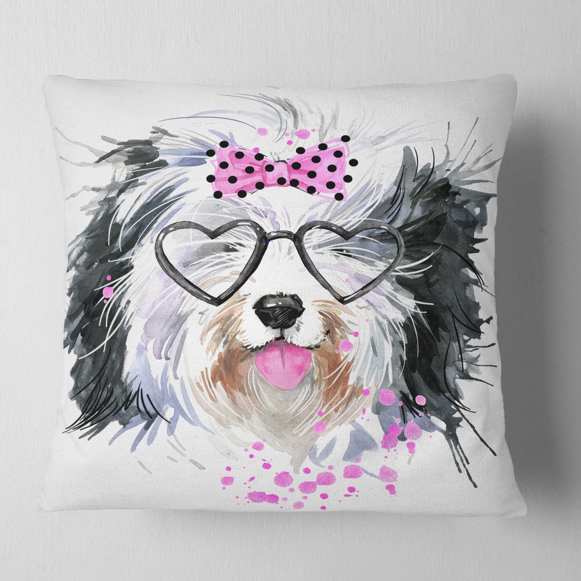 Designart Cute Dog with Heart Glasses - Contemporary Animal Throw Pillow - 16x16