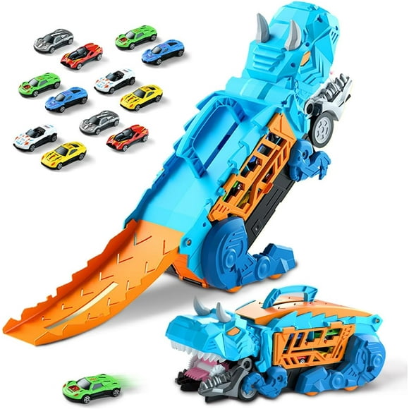 Dinosaurios de Juguetes Camión de Dinosaurio Transportador de Automóviles con Deslizante Plegable, Juguetes de Regalo para Niños y Niñas