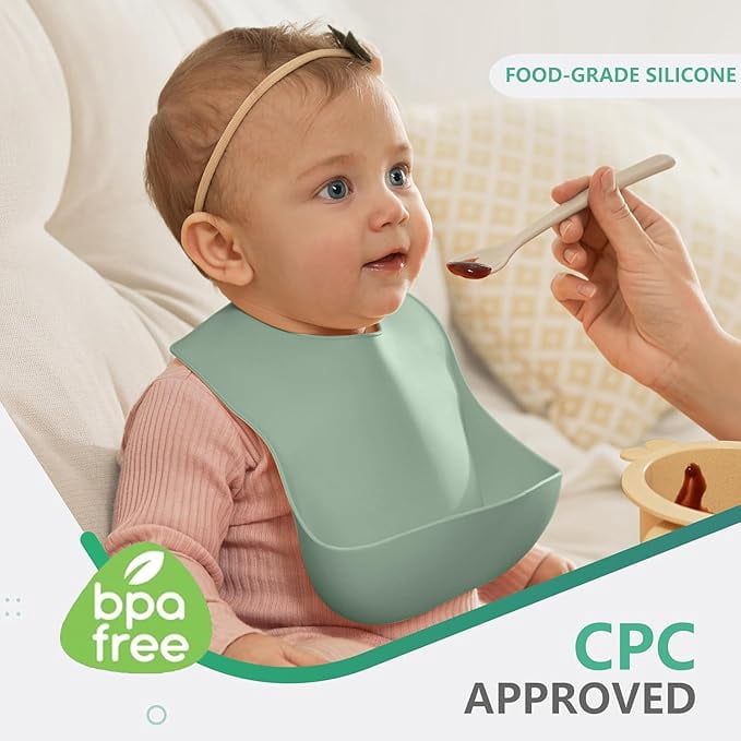 Silicone Bibs for Babies Toddlers Girls, Adjustable Waterproof BPA Free Soft Durable Bibs for eating with Large Pocket Food Catcher