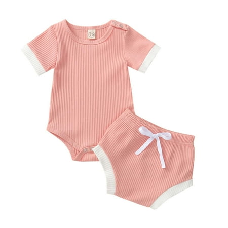 

Efsteb Summer Fashion Infant Toddler Baby Girls Clothes Solid Color Short Sleeve Romper Tops Drawstring Shorts Outfits Sets Pink 6-12 Months