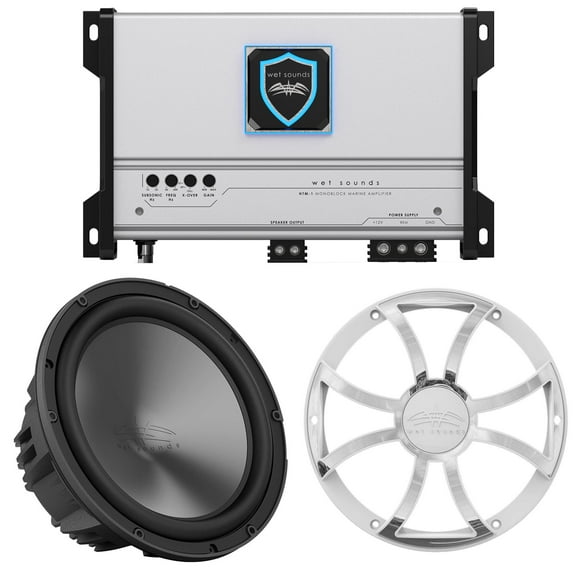 Wet Sounds HTM-1 - HTM Series Full-Range Class-D 1200 Watt at 1-Ohm Mono Amplifier with REVO-10-FA-S4 10" Woofer Single 4 OHM and REVO-10-XS-W-SS-GRILLE White Stainless Grille