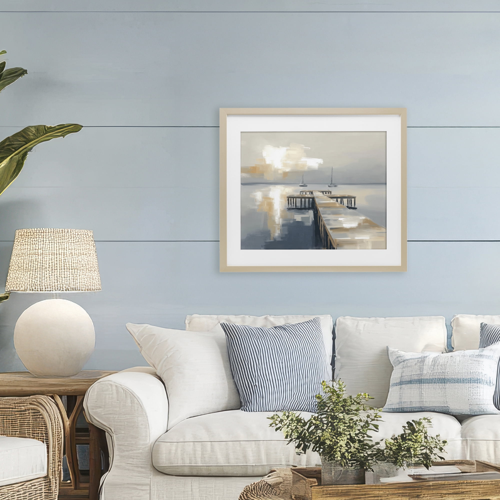 Stupell Industries Pier with Two Boats Seascape Birch Framed Print Under Glass, design by Kim Curinga