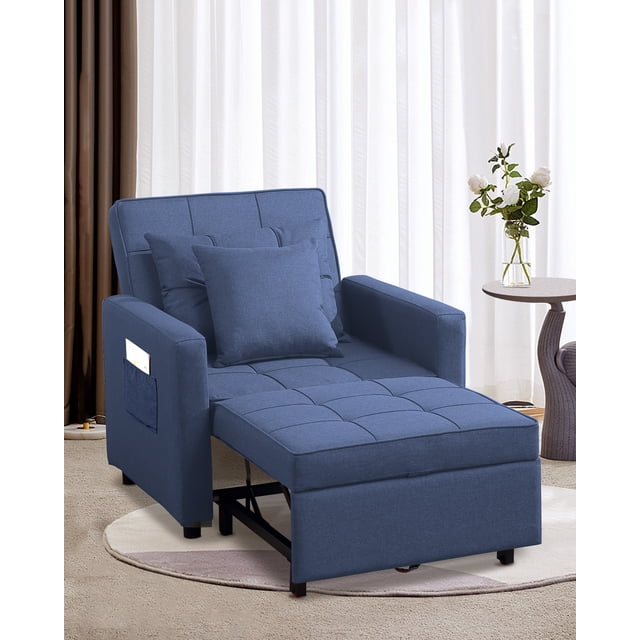 BIGSYY Canapé-Lit Pliant 3-en-1 Réglable pour Adultes, Fauteuil-Lit Moderne en Lin avec Lit Escamotable (Lin, Bleu Denim)