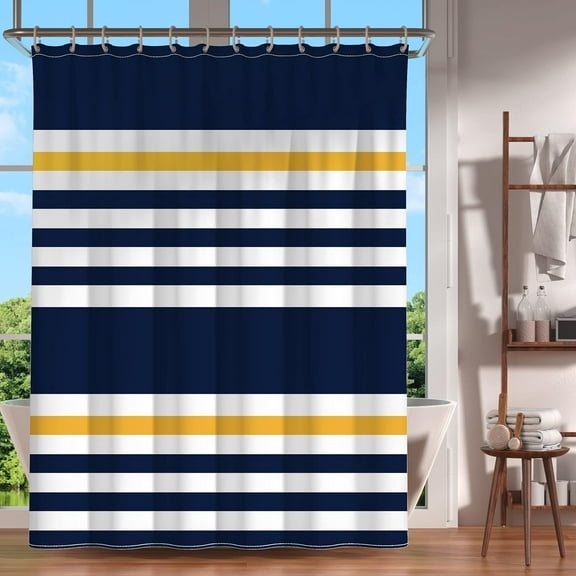 Navy Blue Yellow and White Stripes Pattern Shower Curtain Water Repellent Fabric Shower Curtains for Bathroom 72x72 inches Modern Shower Curtain Set with 12 Hooks