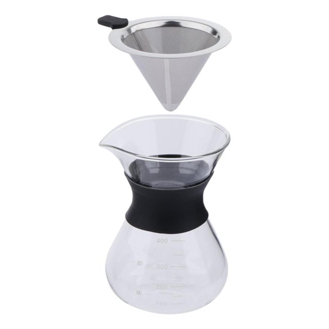 cafetera pour over soledad borosilicato 400 ml con filtro — Jarra de vidrio borosilicato de 400 ml con cuello de silicón negro y escala visible, y filtro cónico de malla de acero inoxidable separado; vista frontal 3/4. Diseñada para preparar café de goteo en casa; también suele usarse para preparar pequeñas porciones de cold brew.