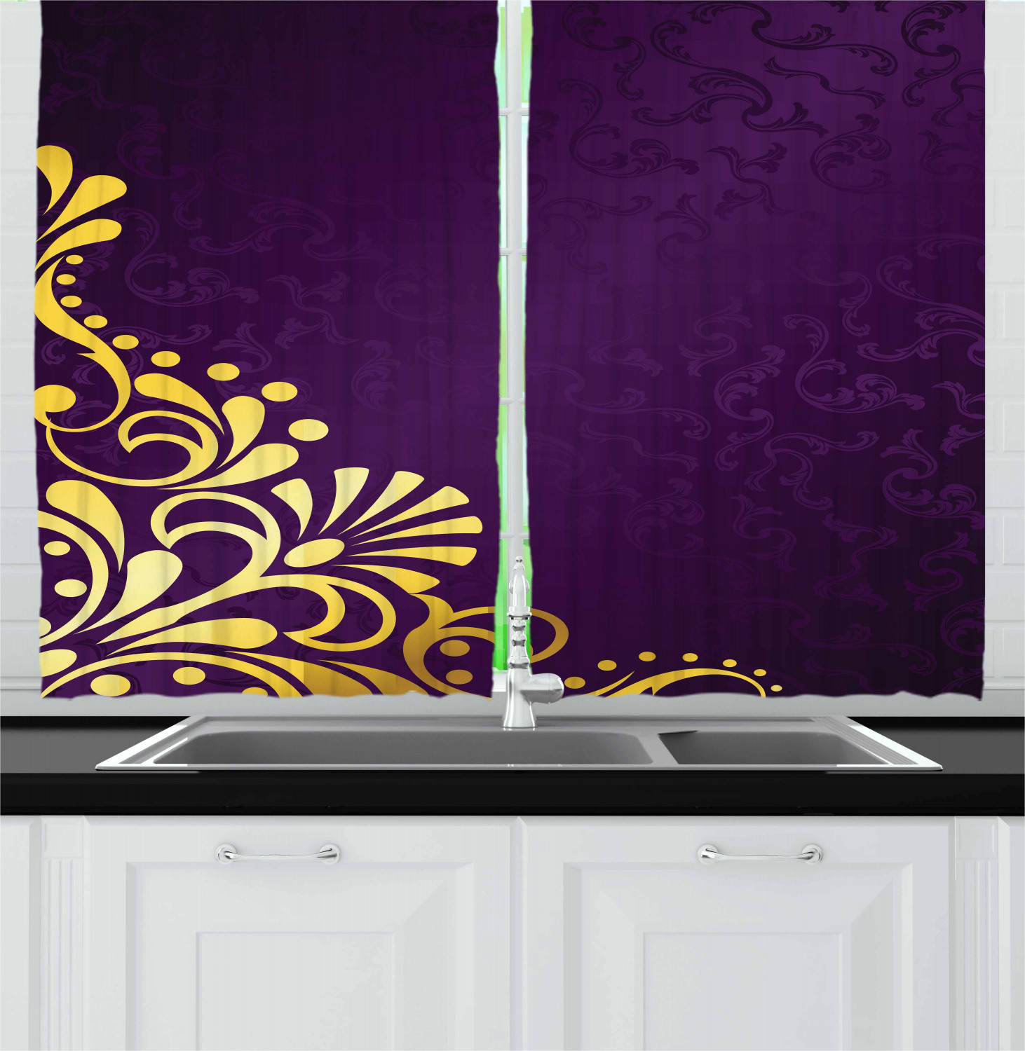 Yellow Damask Curtains 2 Panels Set, Curvy Yellow Stems Ornament on