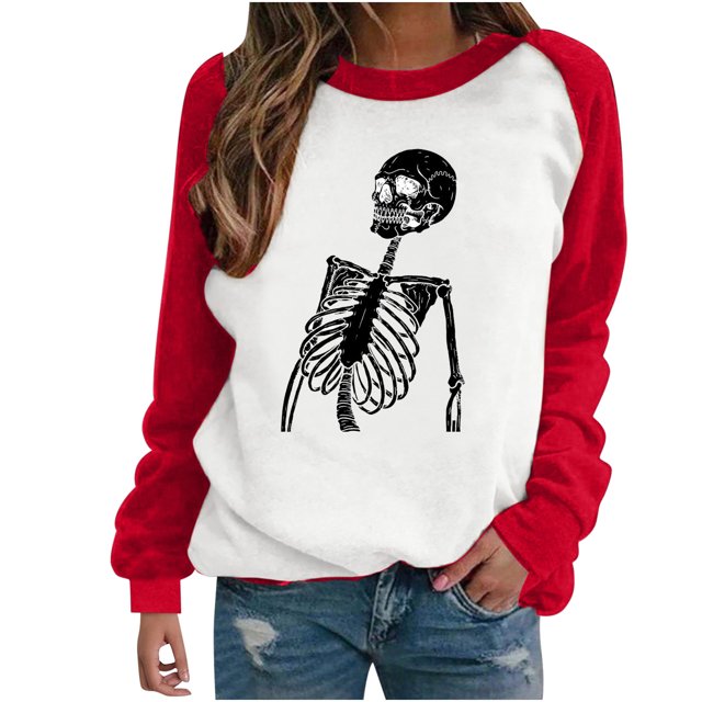 Blusa de manga larga con estampado de esqueleto de Halloween a la moda para mujer, suéter informal con cuello redondo, Tops, camisetas Fridja fjkfkj6819