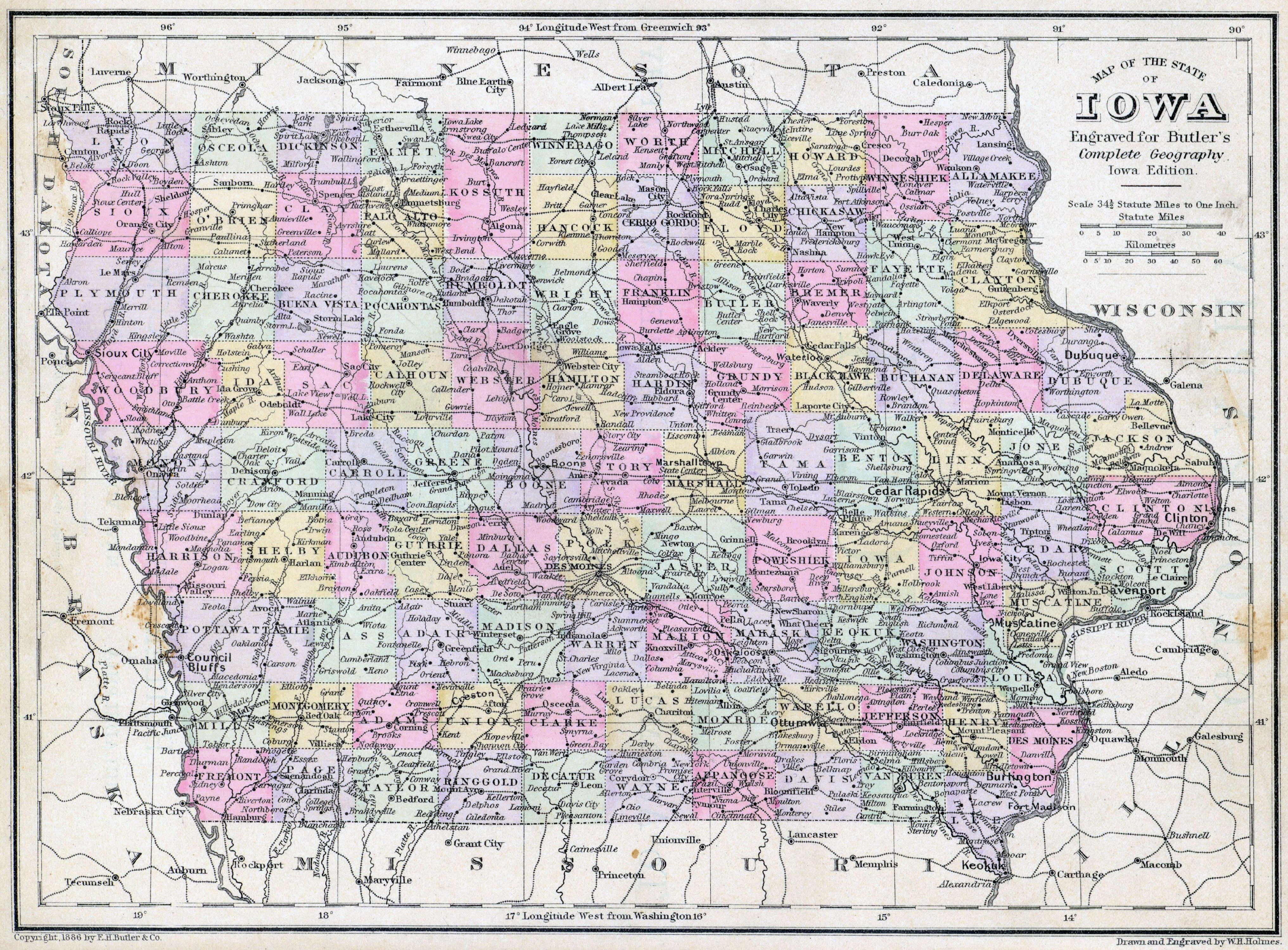 Laminated Map Large detailed old administrative map of Iowa state