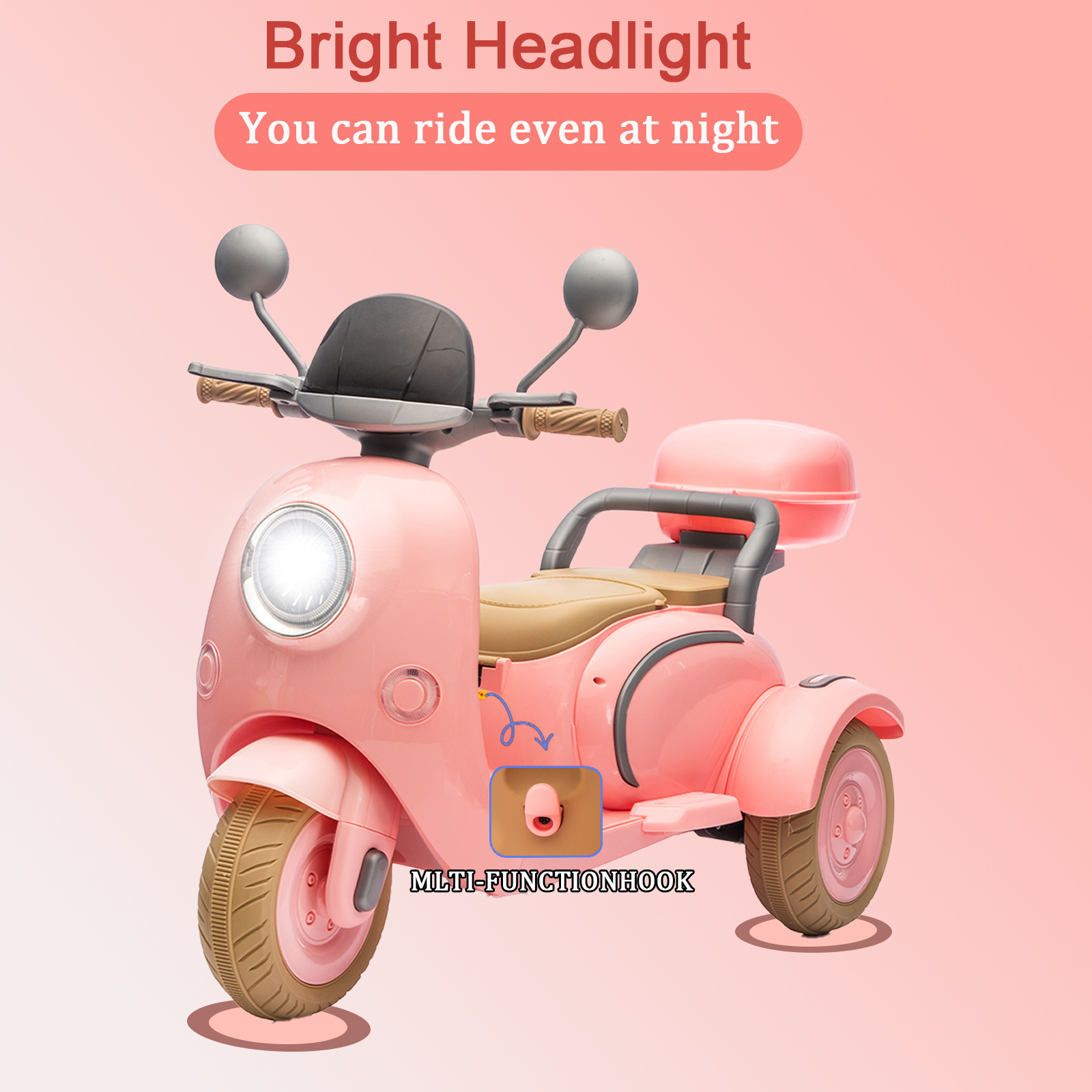 FINITO 12V 2 Seater Kids Electric Motorcycle, 3 Wheel Electric Bike with Storage Box, Bluetooth Music, LED Light, 2WD Electric Motorcycle for Kids, Pink