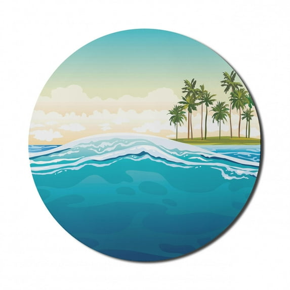 Tropical Mouse Pad for Computers, Coconut Tree Island Above Majestic Wave in the Ocean Holiday Landscape, Round Non-Slip Thick Rubber Modern Mousepad, 8" Round, Petrol Blue Mint Green, by Ambesonne