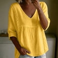 thumbnail image 2 of Lenpel Womens Cotton Linen Tops V Neck 3/4 Sleeve Solid Color Shirts Casual Loose Fit Fashion Lace Patchwork Blouses, 2 of 7