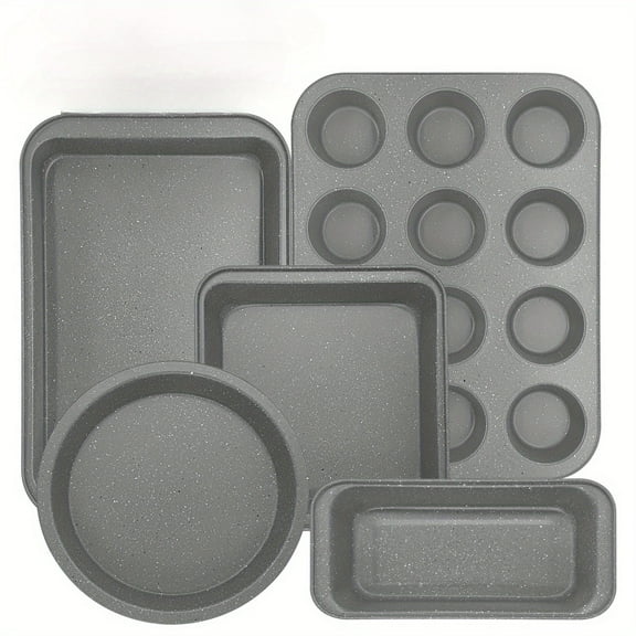 CHEF LANG 5pcs Bakeware Set Baking Pan Set Non-Stick Kitchen Oven Round/Square Cake Pan, Muffin Pan, Baking Pan, Cookie Sheet Set Baking Supplies  Christmas Grey