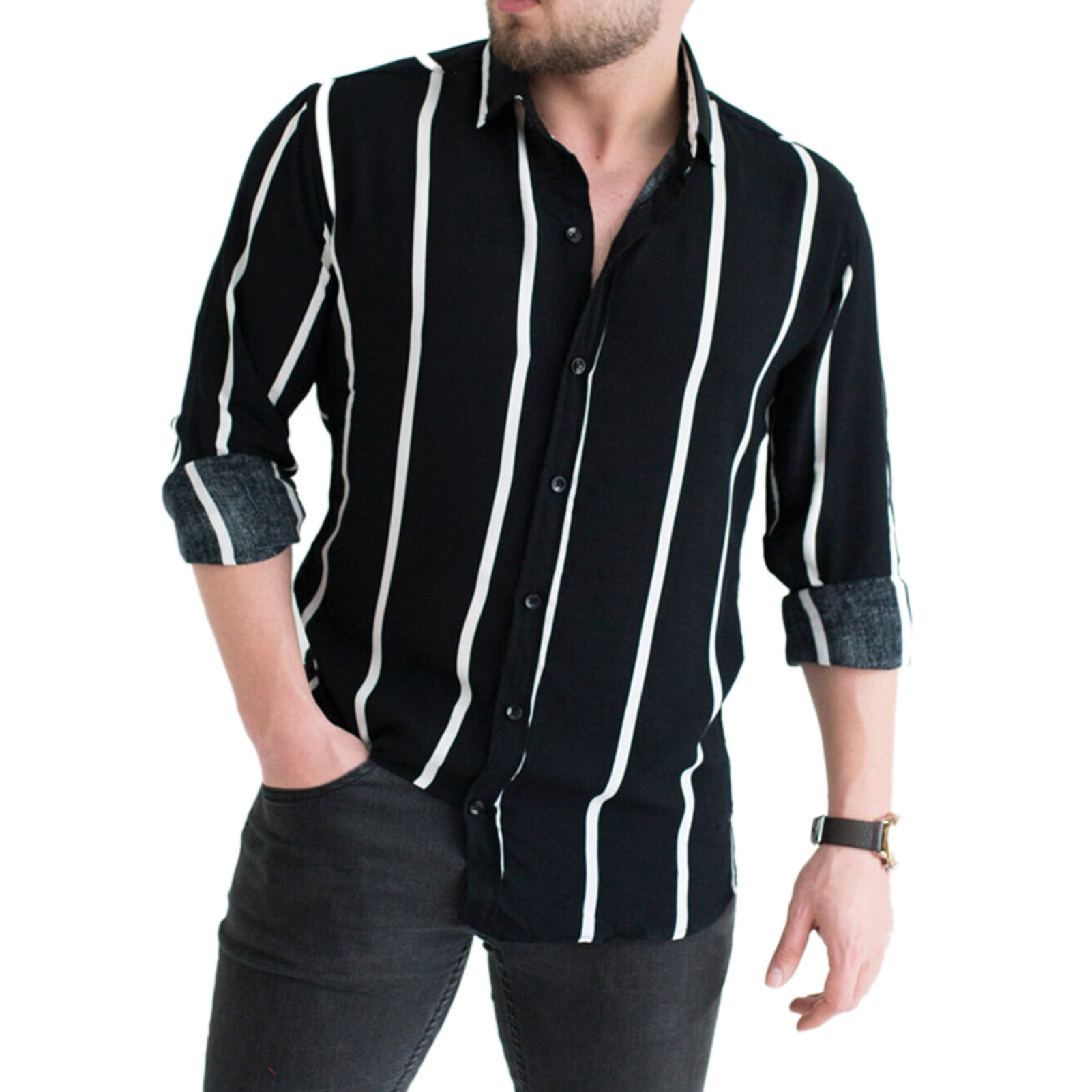 Fseason-Men Turn-Down Collar Long Sleeve Buttoned Stripe Western Shirt