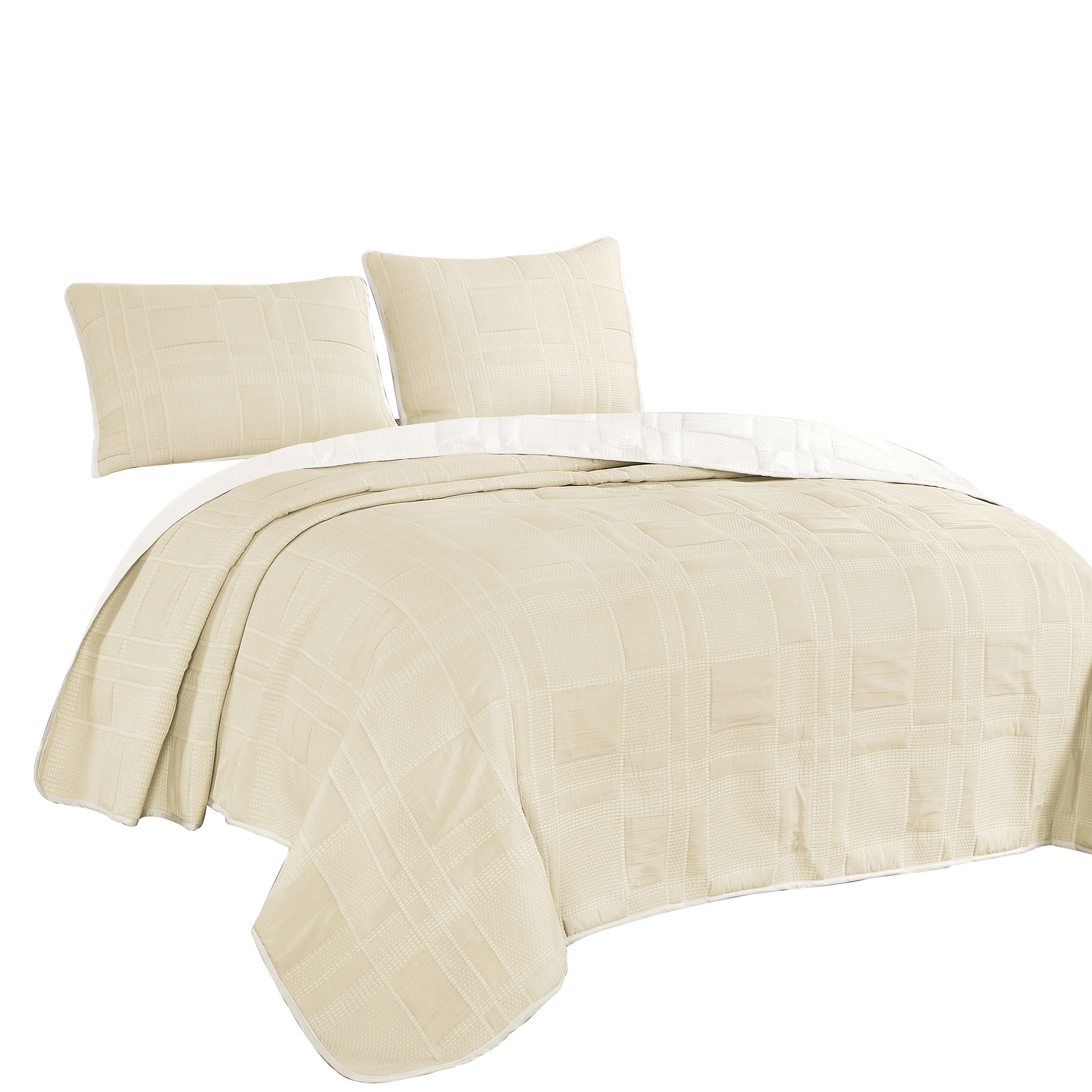 Beige Grid Texture 3-Piece Reversible Quilted Bedspread Set,King