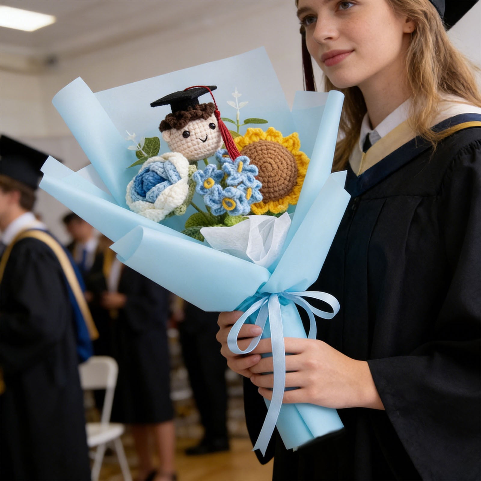 Graduation Crochet Flowers Bouquet, Handmade Knitted Grad Gift, Artificial Preserved Flowers, Teacher Appreciation Home Decor, Sunflower Rose Bouquet, Birthday Anniversary Gift