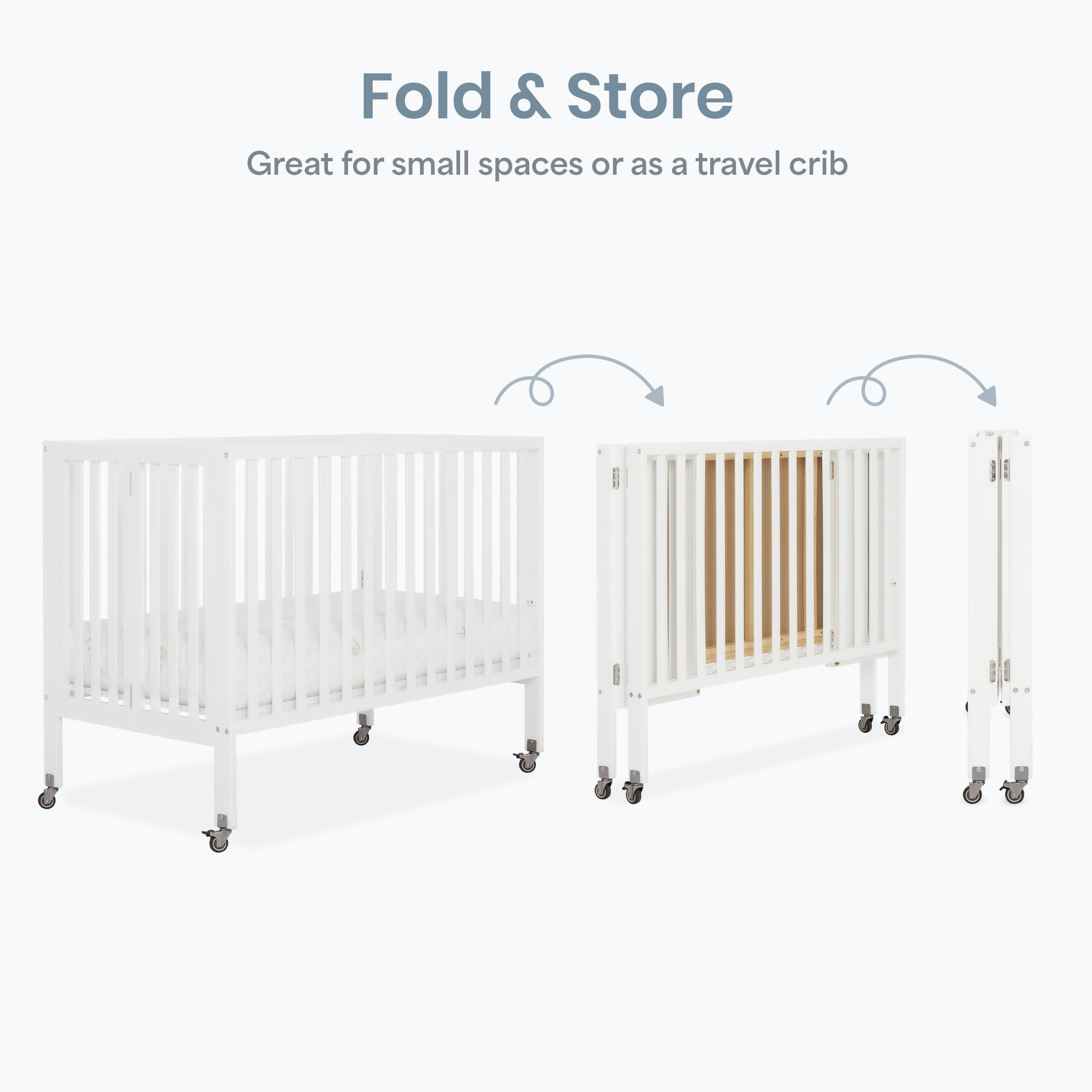 Dream On Me Quinn Full-Size Folding Crib, Removable Wheels, Modern Nursey, Adjustable Mattress Support, Patent Folding System in White