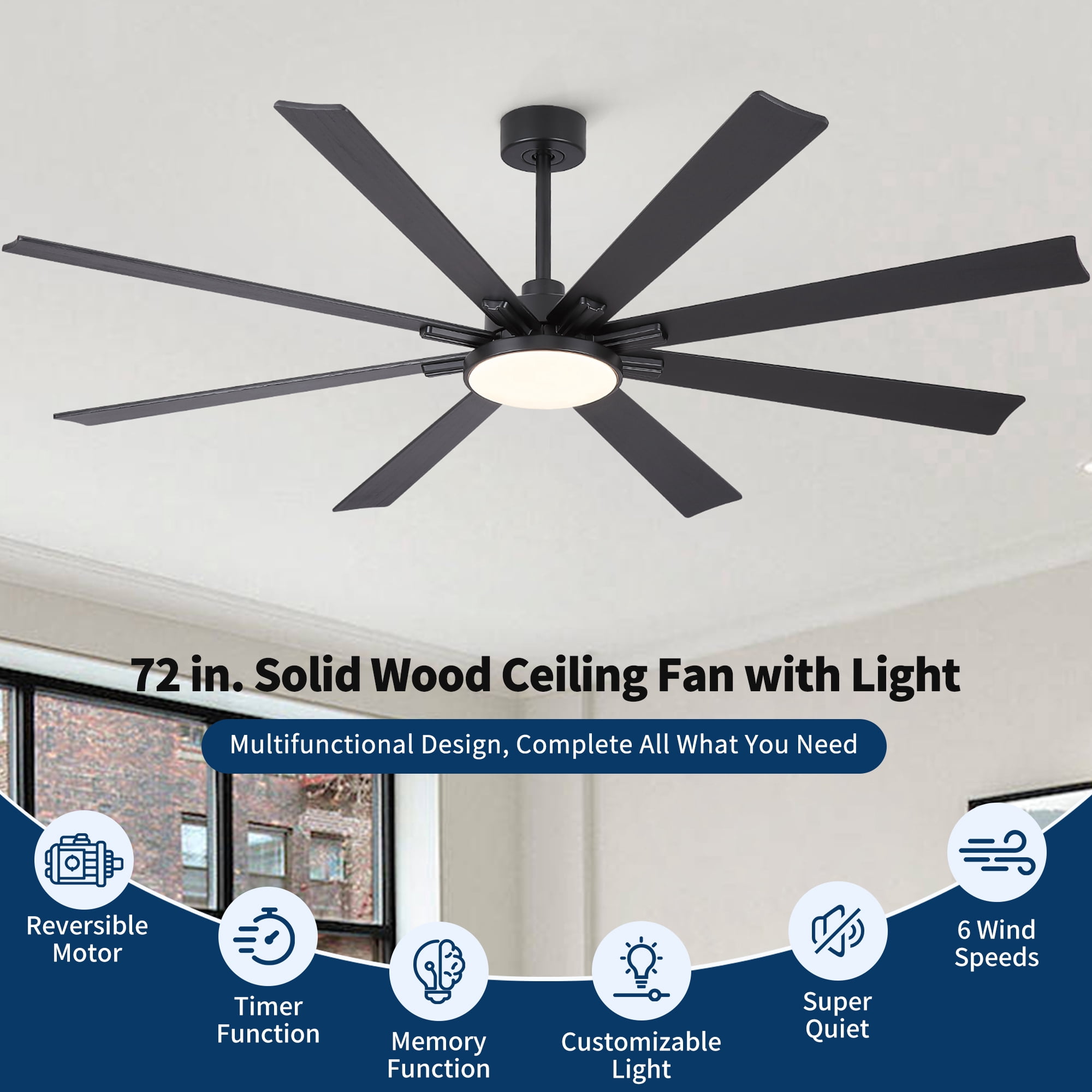 Leumius 72" Ceiling Fan with Lights and Remote, Modern Farmhouse Ceiling Fan with Quiet DC Motor, 6 Speeds, Reversible Blades, Dimmable 3CCT LED Light for Indoor Outdoor Large Room