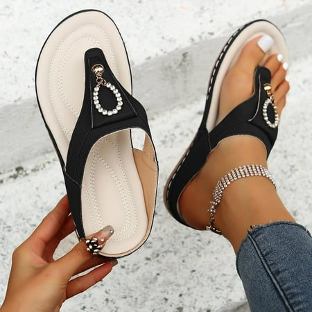 

AXXD Sandals Women Thong Toe Rhinestone Slippers Women s Round Head Outer Wear Solid Color Low-heeled Flip-flops(6.5 Black)