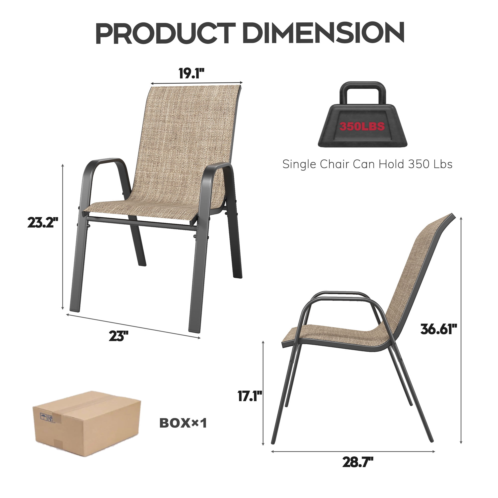 4-Piece Outdoor Dining Chair with Wide Ergonomic Seat, 350 lb Capacity Heavy Duty Metal Frame, Waterproof Teslin Fabric & Rust-Resistant, Ergonomic Lumbar Support for Patio, Brown