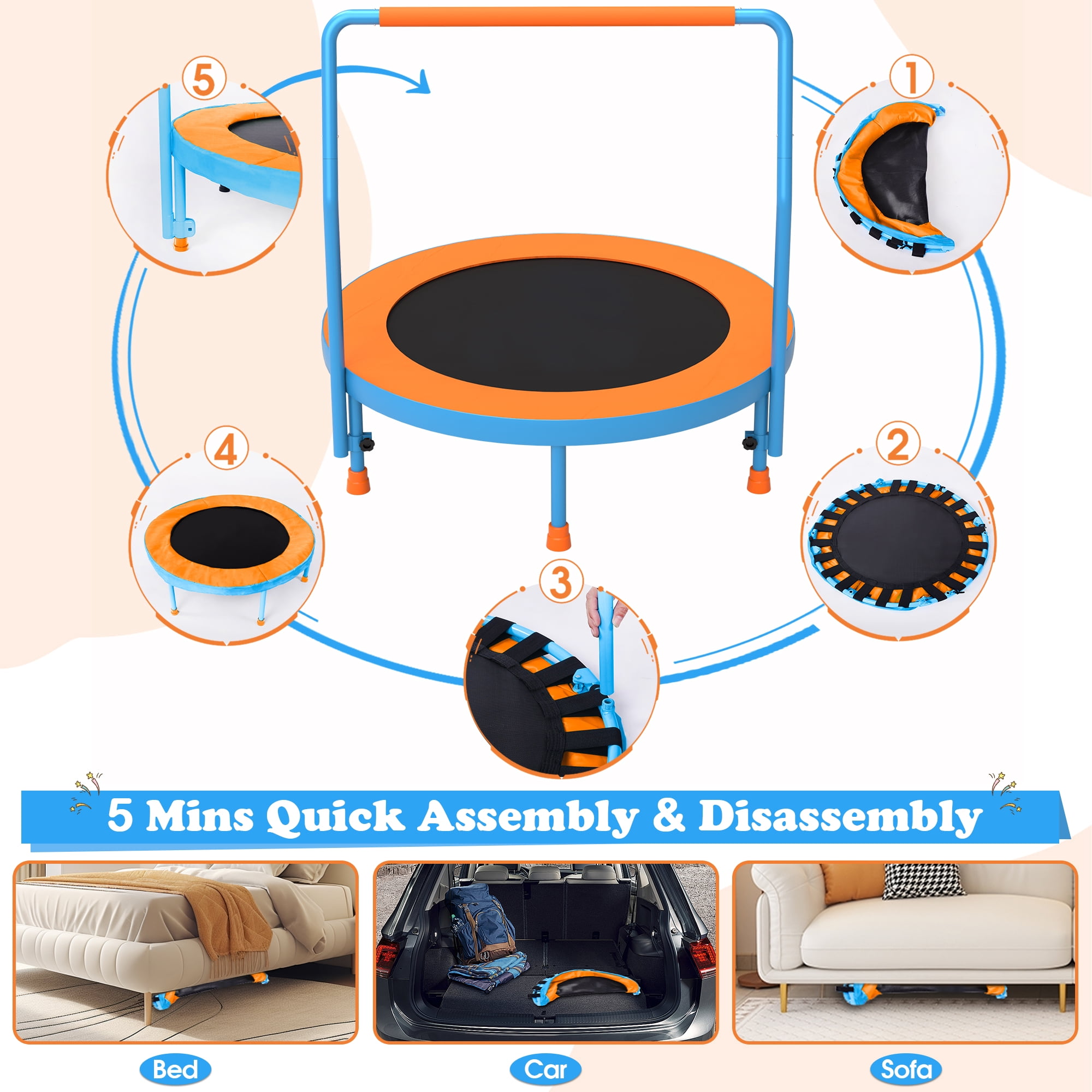 Cochan 3FT Toddler Trampoline with Handlebar Height Adjustable, Max Load 220LBS 36'' Indoor Mini Trampoline for Toddlers, Small Trampoline for Kids Age 1-6, Noise Free, Quick Assembly