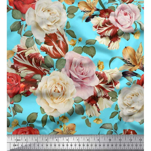 Soimoi Blue Modal Satin Fabric Leaves & Rose Floral Fabric Prints By Yard 42 Inch Wide