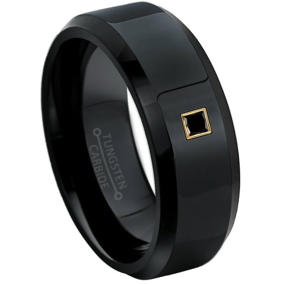 0.05ctw Princess Cut Black Diamond Tungsten Ring - 8MM Polished Black IP Beveled Edge Tungsten Carbide Wedding Band - April Birthstone Ring - 14kt Yellow Gold Bezel - TN084PSG-1BDs9