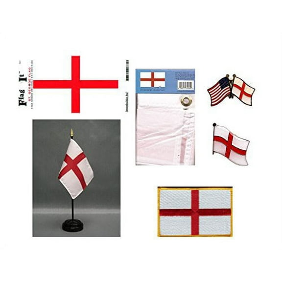 England Heritage Flag Pack - Includes a British 3x5' Flag, Vinyl Flag Decal, One Single & One Double Friendship Flag Lapel Pin, Miniature Desk Flag with Stand & One Iron-On Flag Patch