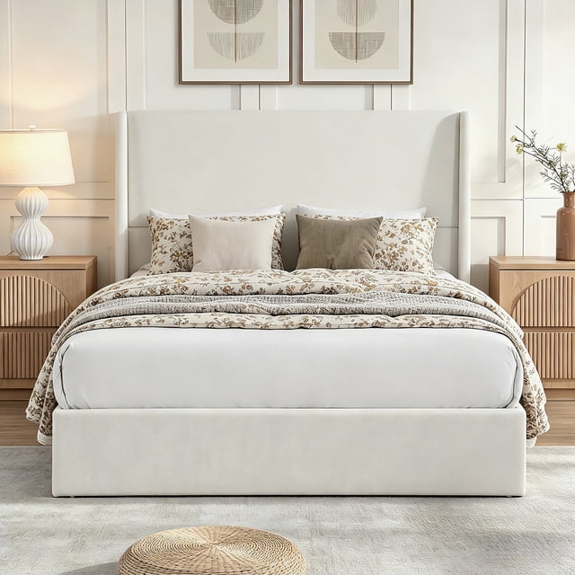 Queen Platform Bed with Wingback Headboard - Beige Chenille Fabric