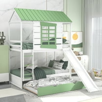 Twin over Twin Size House Bunk Bed with Convertible Slide and Trundle, White Green