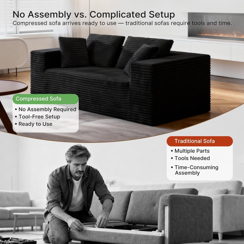 2-Seater Boneless Upholstered Sofa, No Assembly Sleeper Couch, Memory Foam Loveseat with Throw Pillow