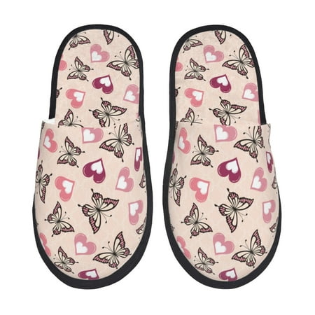 Balery Beautiful Butterflies and Hearts Slient Indoor Furry Fleece Comfort House Shoes Soft Non-Slip Home Shoes Cotton slippers House Slippers-- Medium