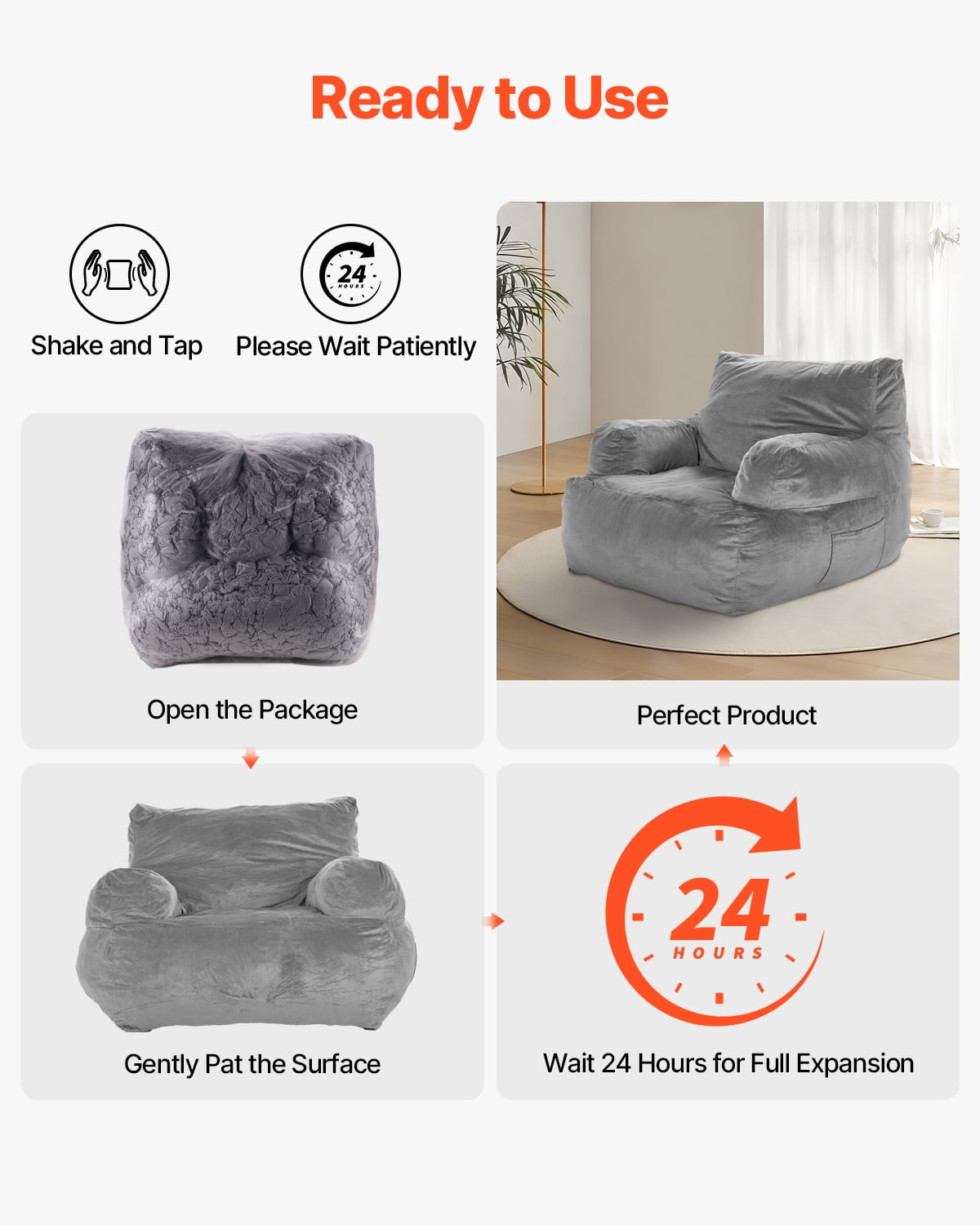 VEVOR Bean Bag Chair, BeanBag Sofa Chair with Armrests for Adults, Fluffy Plush & High-Density Foam Filling Adult Bean Bag with Zapper, Comfy Lazy Sofa Chair Ideal for Living Room, Bedroom, Grey