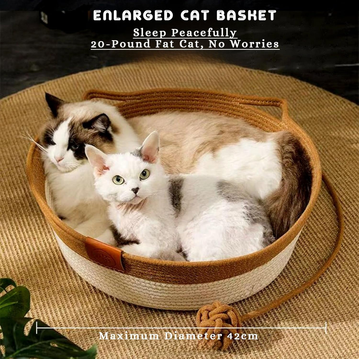 Instinct Basket for Cats, Cat Bed, Under 10kg Cotton Rope Cat Bed with Cushion, Large Foldable Natural Cats Toy Baskets with W/Ear Playing Ball Toy Tail