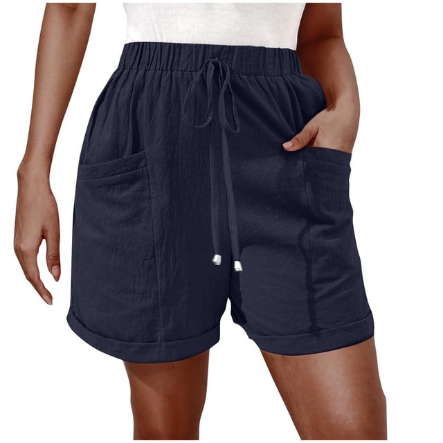 Casual Shorts for Women with Elastic Waist and Drawstring, Solid Color Loose-Fit Summer Pants, Polyester Lightweight Comfortable Short Pants for Daily Wear