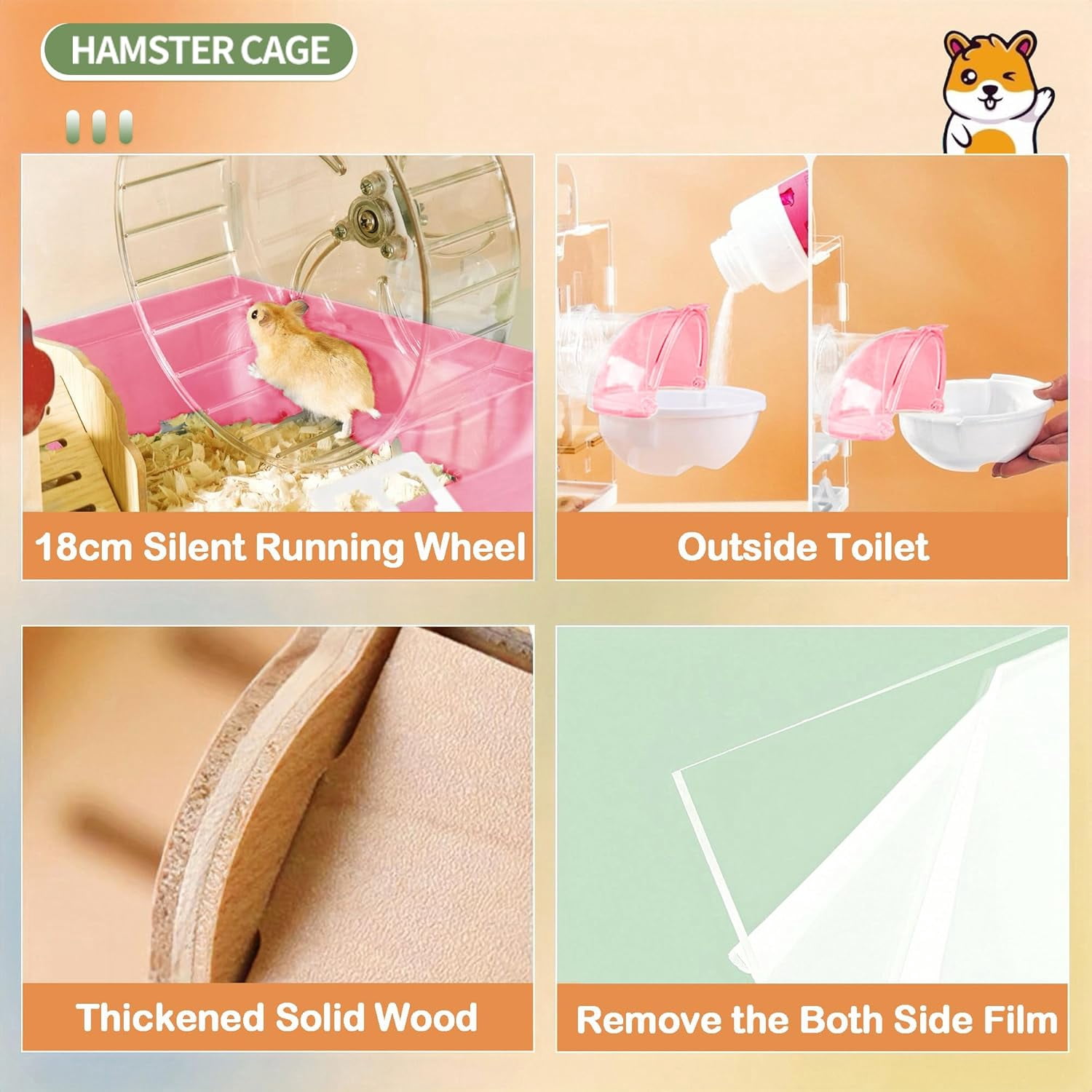 12 in 1 Clear Acrylic Hamster Cage with All Accessories,13.5''L* 10''W* 15''H Dwarf Hamster Cage,Magnetic Connection Small Hamster Enclosure,Garden Style Wooden Mouse Cage for Pet Mice